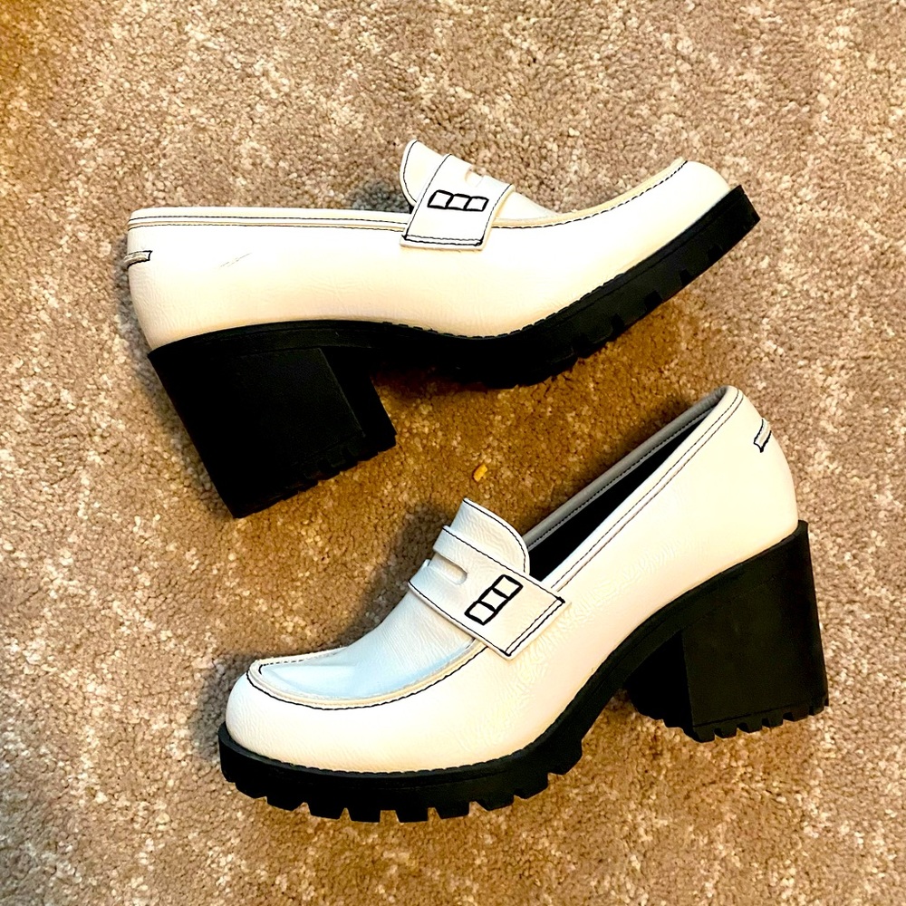 White platform penny loafers